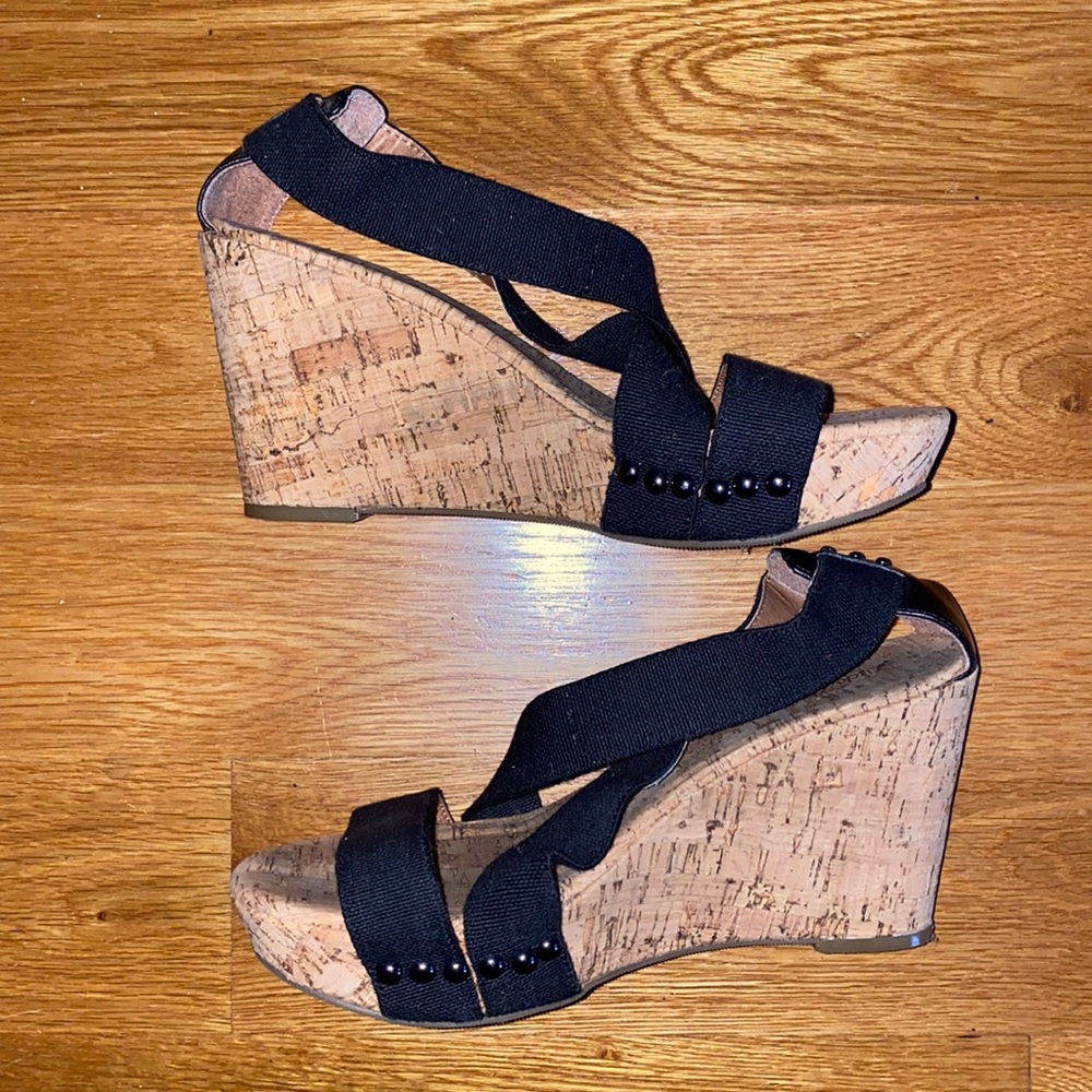 Lucky Brand Black Cork Studded Platform Wedges